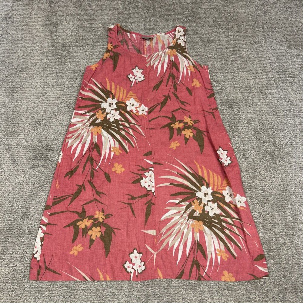 J Jill Dress Womens XS 100% Linen Floral Sleeveless Pockets Tropical Pink